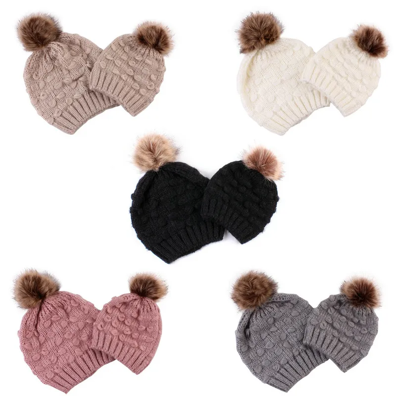 Cute Toddler Kids Hats Baby Mom Winter Warm Crochet Knit Hat Brand Beanie Fur Butterfly Ball Caps DHL