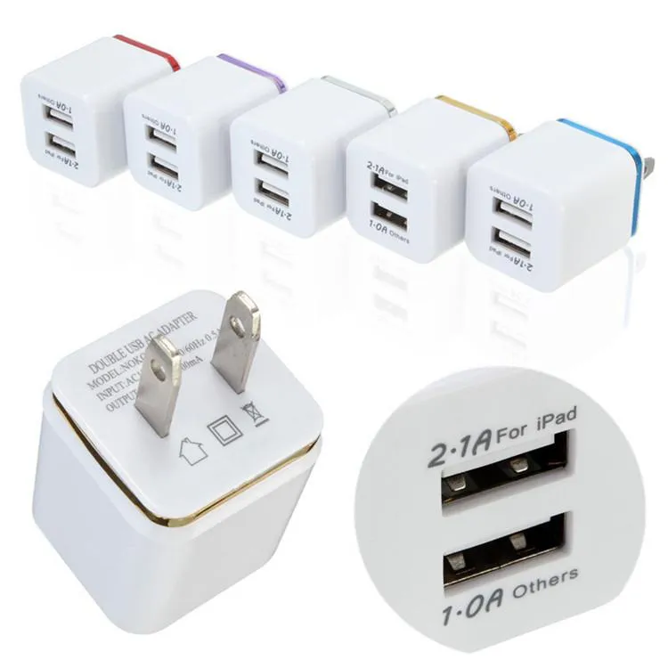 Resor Dual USB Wall Chargers 2.1A AC Power Adapter för iPhone 7 8 12 13 14 15 Samsung S10 S20 S23 Huawei HTC LG Android -telefon