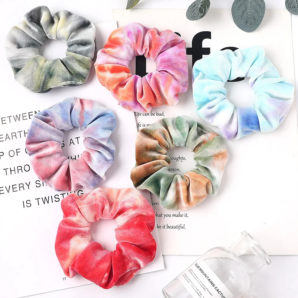 Sammet gradient hårband scrunchy hårband tie-färgad hästsvans huvudband regnbåge elastiska hår rep hår tillbehör