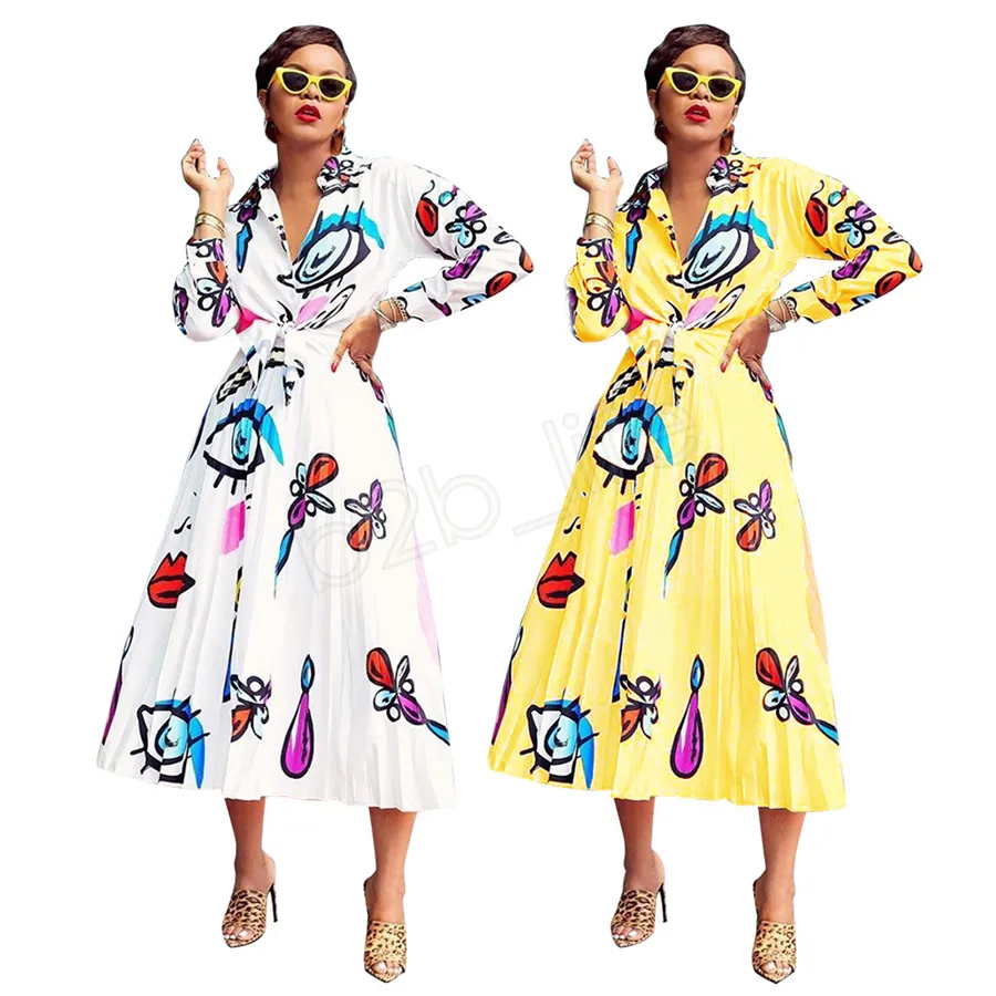 Mujeres camiseta vestido plisado larga serie de Elegent Big Eyes Lip Impreso blusa de las señoras de la falda de dos piezas traje de Trajes de manga larga LJJA2739-111