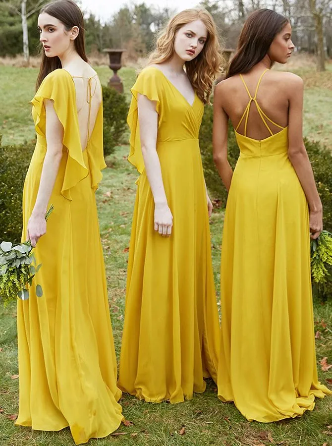yellow bridesmaid dress with sleeves ASHLEYlauren 12015 One-Shoulder Satin Gown with Floral Detail