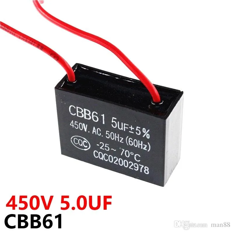 CBB61 450VAC 5UF مروحة بدء تشغيل مكثف طول 10 سم مع خط