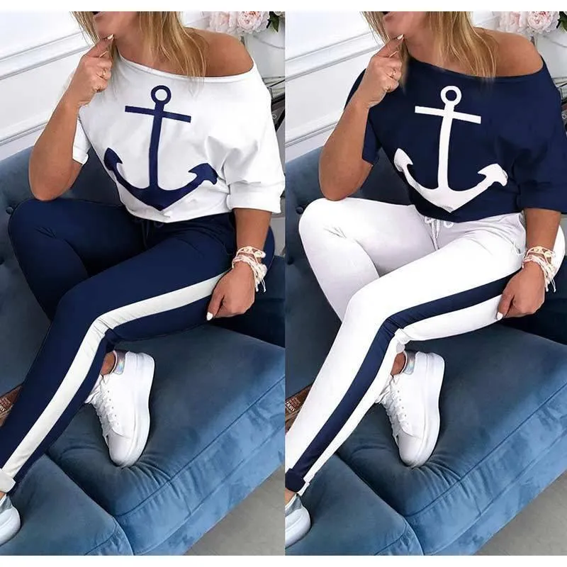 Women 'S Printing Dyeing Loose Lady Anchor Short -Sleeved Round Neck T -Shirt Stripe Pants Workout Sports Tracksuit Casual Set Size S-XL