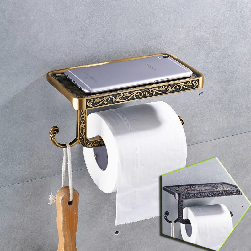 Antique Brass Bathroom Roll Paper Tissue Holder Wall Mount Brass Bathroom Kitchen Paper Holder Phone Mobile Rack