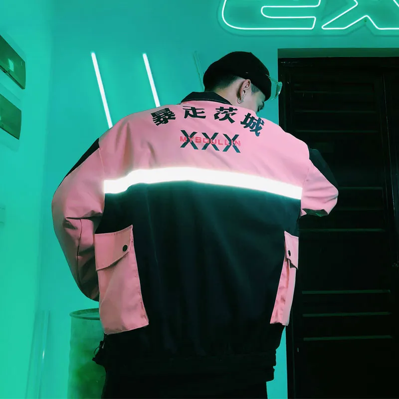 3m o 넥 문자 측 주머니 패션 반사 윈드 브레이커 트랙 streetwear 폭격기 재킷 망 힙합 지퍼 스트라이프 코트