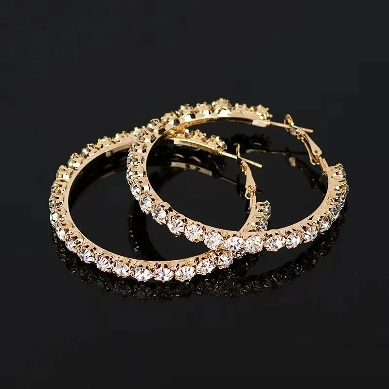 Pendientes de aro de diamantes de 55 mm para mujer, diseño de lujo, diamantes ostentosos, círculo huggie, pendientes de oro, plata, joyería de estilo coreano
