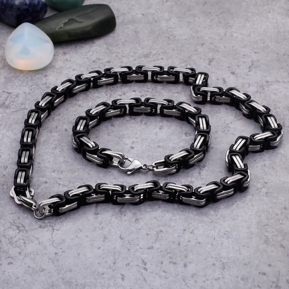 Black/Silver Tone Collece Bracelet 316 из нержавеющей стали византийская коробка сети набор мужчина хэви -металлический панк -ювелирные изделия 5 мм 6 мм 8 мм