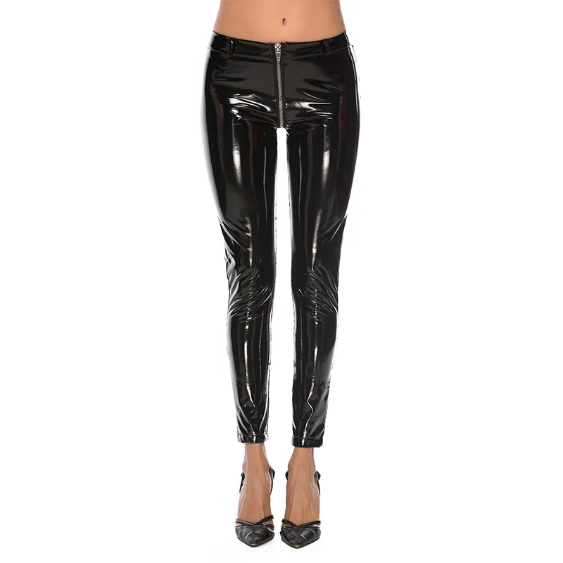 Women Wet Look PVC Leather Glossy Skinny Pants With Zipper Open