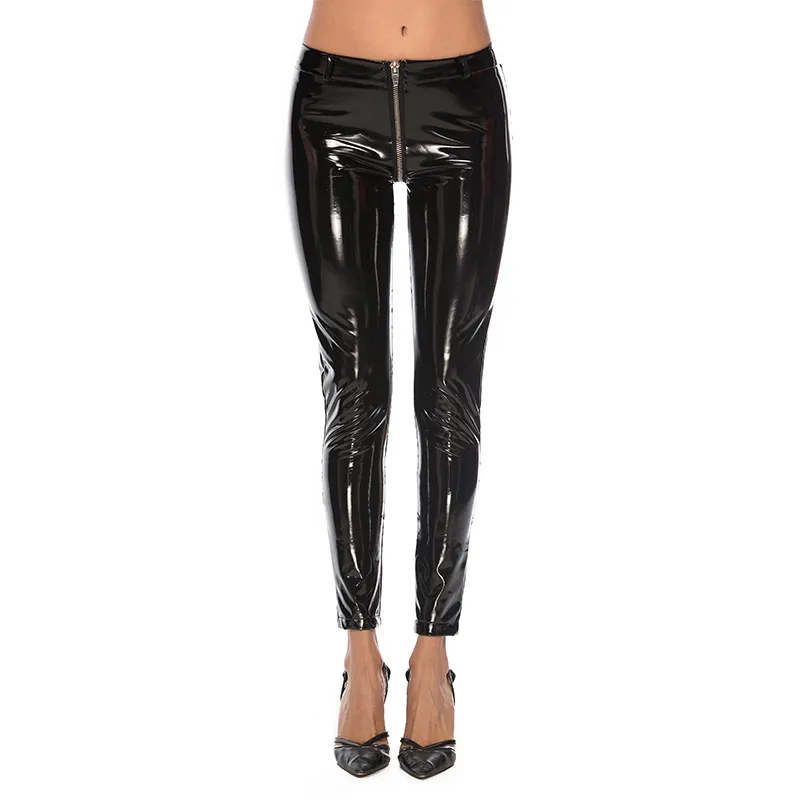 Women Zipper Open Crotch Shiny Glossy Leggings See-through Pants Skinny  Trousers