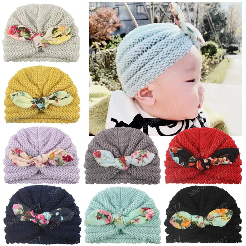 New Bebés Meninas Gorro bonito Florals bowknot crianças Headwear Crianças Crianças de malha Gorros Crânio Caps Chapéus Crianças Chapéus 8 cores