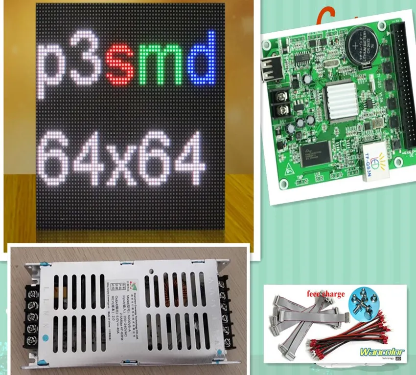 Gratis verzending DIY indoor led video display 10 stks P3 Indoor Full Color LED-module (192 * 192mm) + RGB LED-controller + voeding