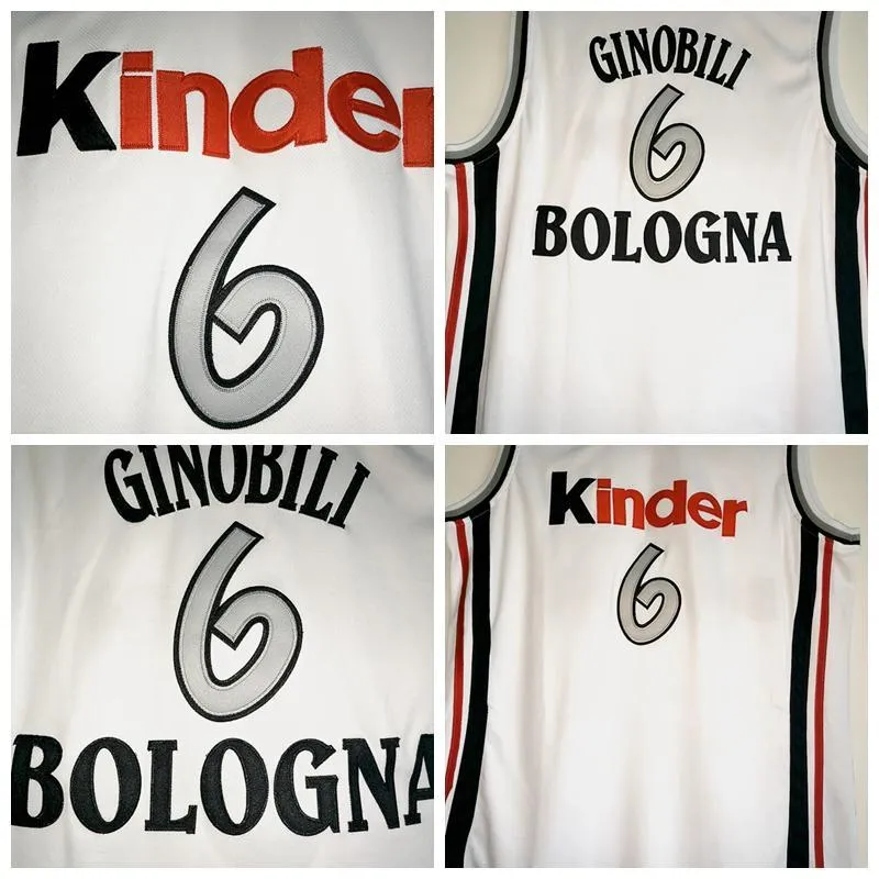 Manu Ginobili NCAA Kinder Bologna 6 Basketball Jersey Mens White Breathable Sportswear, High