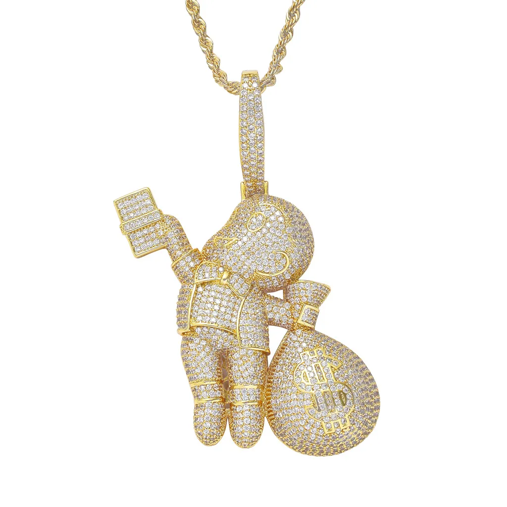 Luxo designer colar de gelado fora pingente bling diamante saco de dinheiro encantos hip hop jóias mens calha de ouro grande pingentes de moda declaração menino