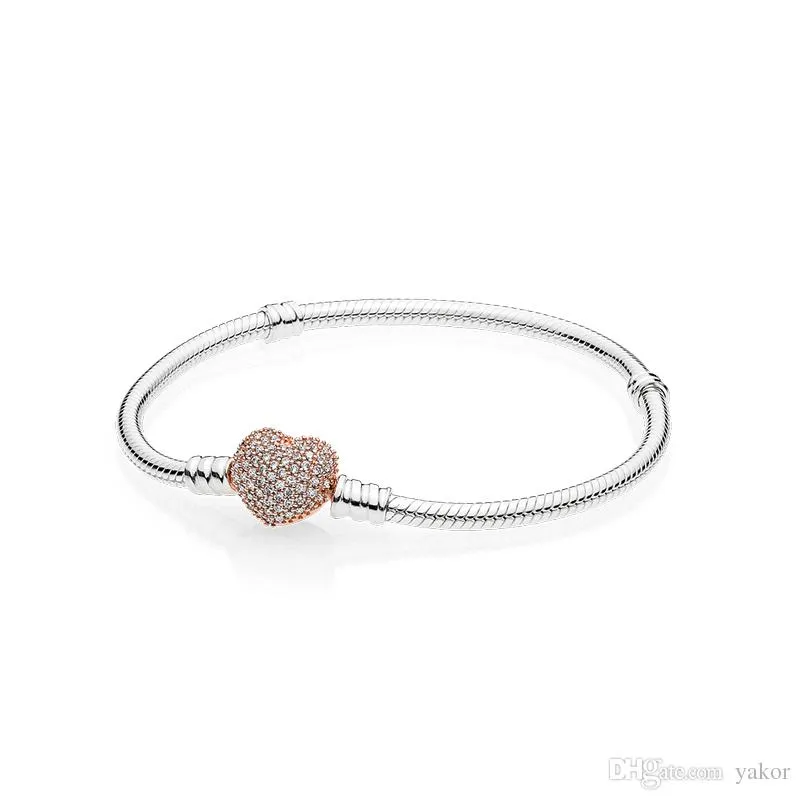 Ny 18k Rose Gold Full CZ Diamond Heart Charms Armband Logo Originalbox för Pandora 925 Silver Snake Chain Armband för kvinnor