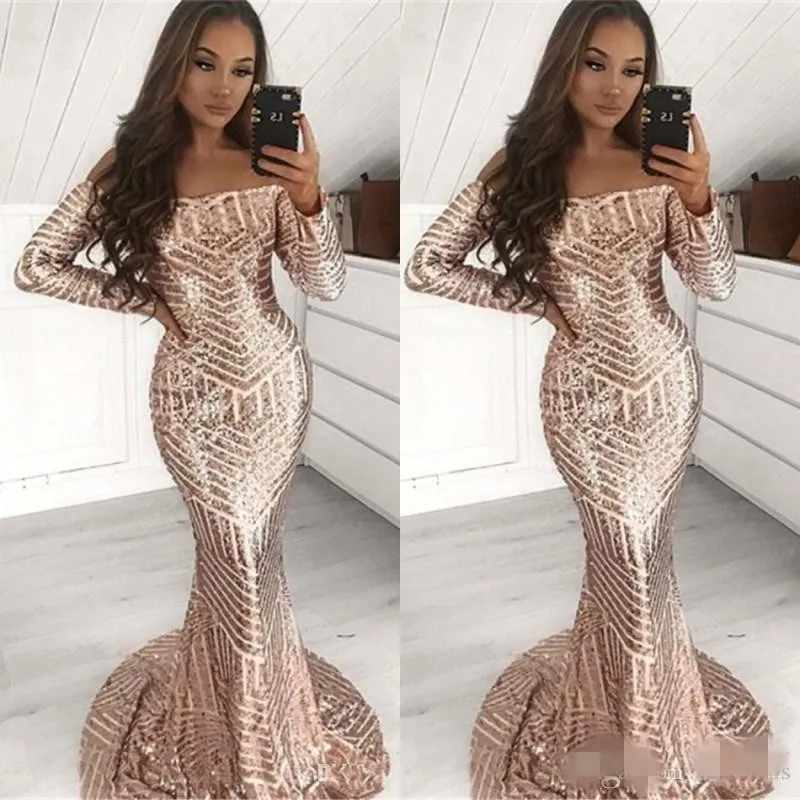 Rose Gold Sparkly Sequins Prom Dresses Off The Shoulder Mermaid Sweep Train Long Sleeves Custom Made Evening Party Gown Formal Ocn Wear