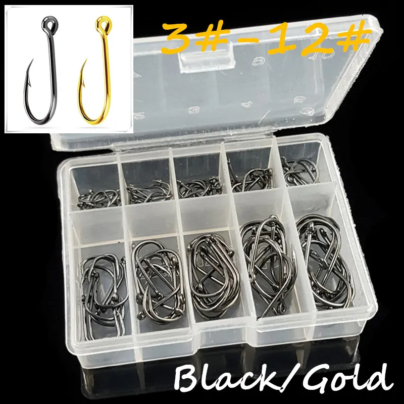 100pcs / 1box 10 Größen 3 # -12 # Ise Haken High Carbon Steel Black Gold-Angeln Transparent Box BL_45 Hooks