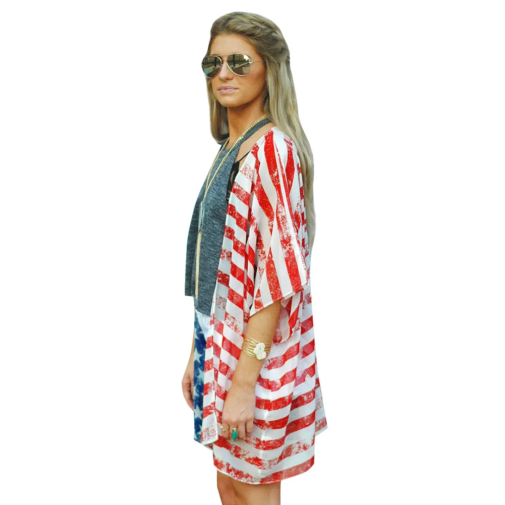 2019 verano playa Kimono mujer blusa camisas bandera americana estrella rayada estampado Batwing mangas Casual suelta mujer c rdigan Top largo