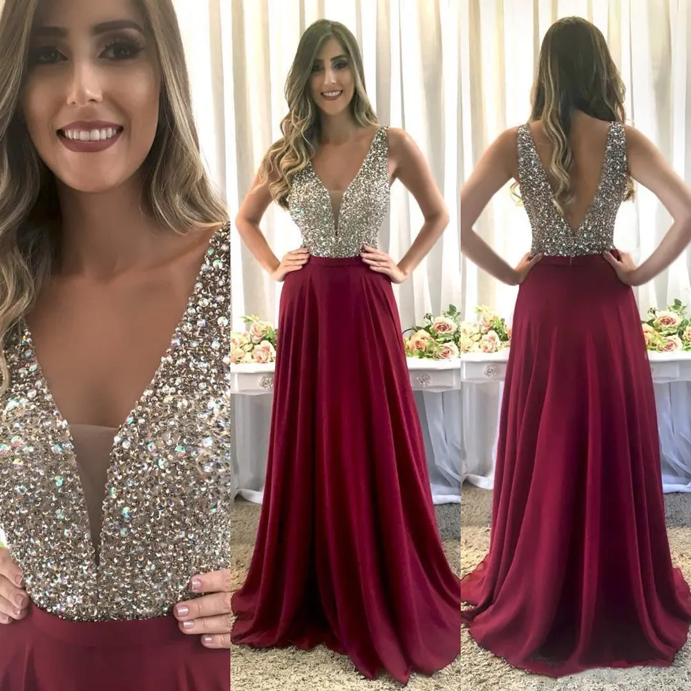 Borgonha formal vestidos de baile longa 2020 elegante decote em v sem mangas cristais brilhantes frisada corpete a linha até o chão vestidos de noite chiffon