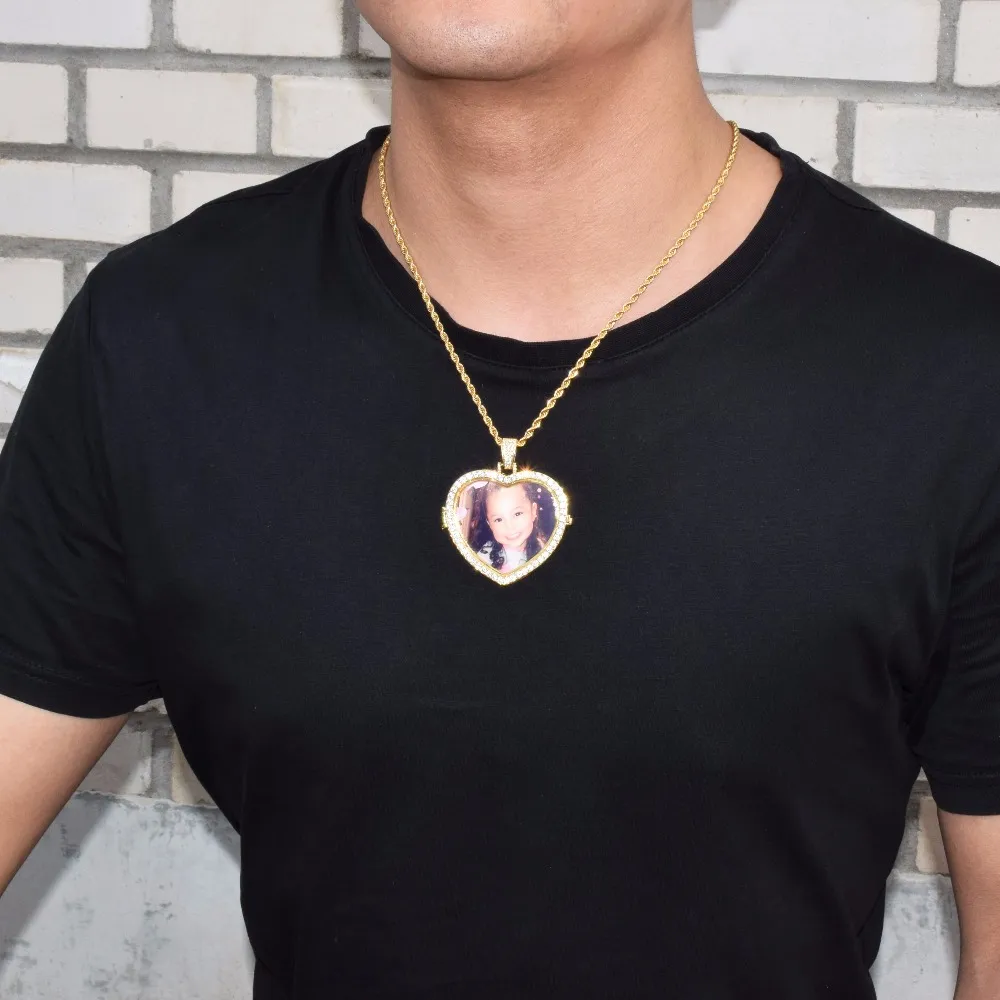 Ciondolo collana con medaglioni a cuore con foto su misura con catena a corda da 3 mm Gioielli hip-hop da uomo in argento con zirconi cubici color oro