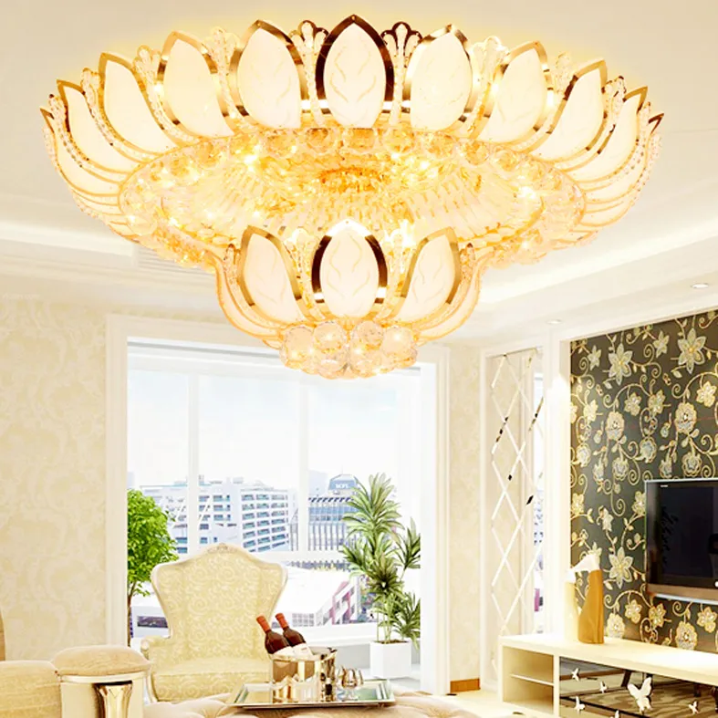 Moderna kristalltaklampor Fixtur Led Light American Golden Lotus Flower Tak Lamp Hem Inomhusbelysningstemplet Guld Illumination