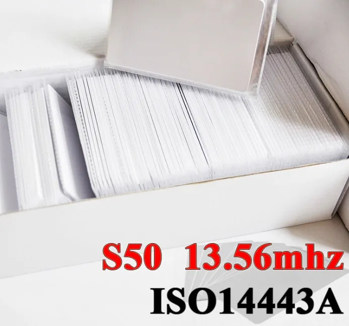 1000 unids/lote tarjeta IC 13,56 MHz ISO14443A S50 tarjeta de PVC etiqueta Universal F08 tarjeta de Control de acceso de etiqueta RFID de PVC en blanco