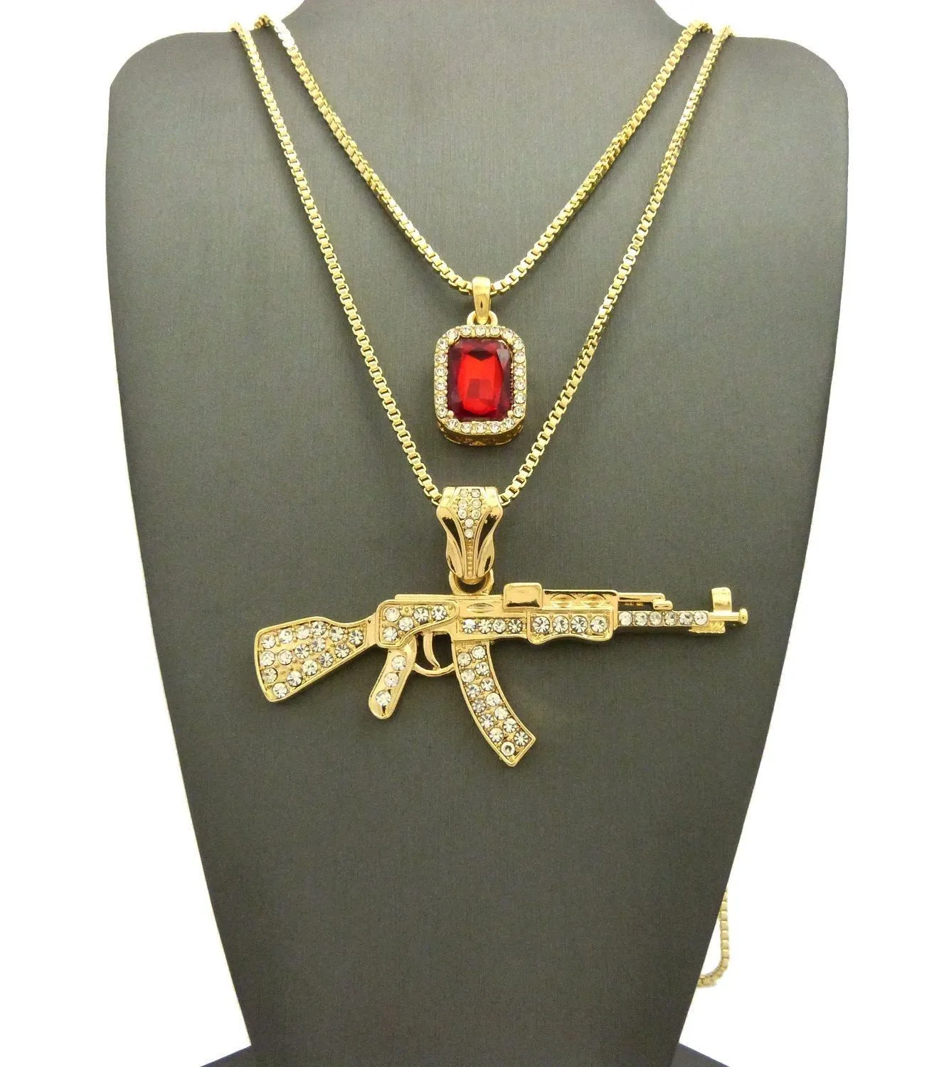 Mannen Iced Out AK-47 Geweer Gun Red Ruby Hanger W 24 "30" Ketting Ketting 2 Stks Sieraden Set Rapper Accessoires