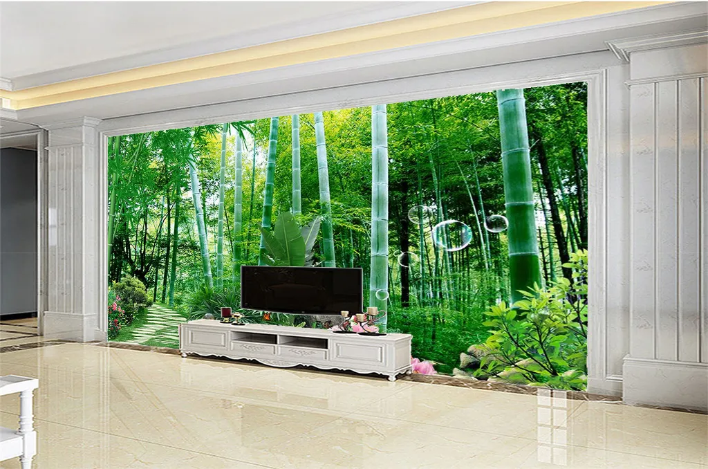 Douane 3D Wallpaper Delicate Peony Green Bamboo Forest HD Landschap Muurdocument Superieure Interieur Decorations Wallpaper