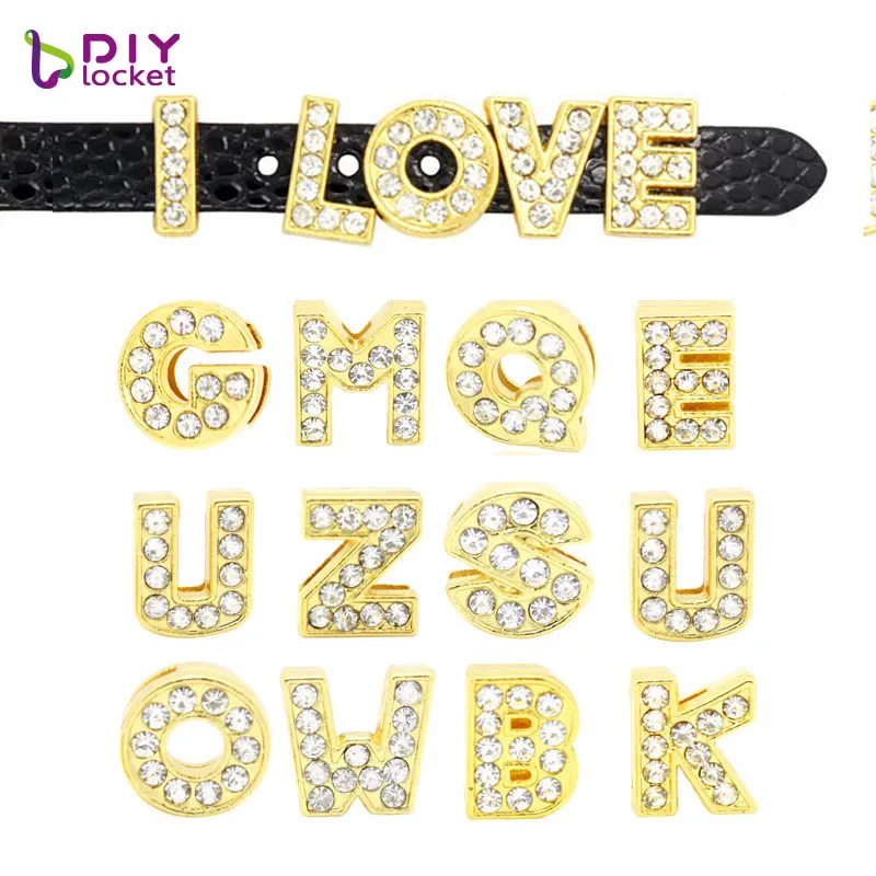 130pcs 8mm Guldfärg Slide Letters Charms Engelska Alfabet A-Z Fit Armband Armband / Pet Namn Krage Hundkrage LSSL07 * 130