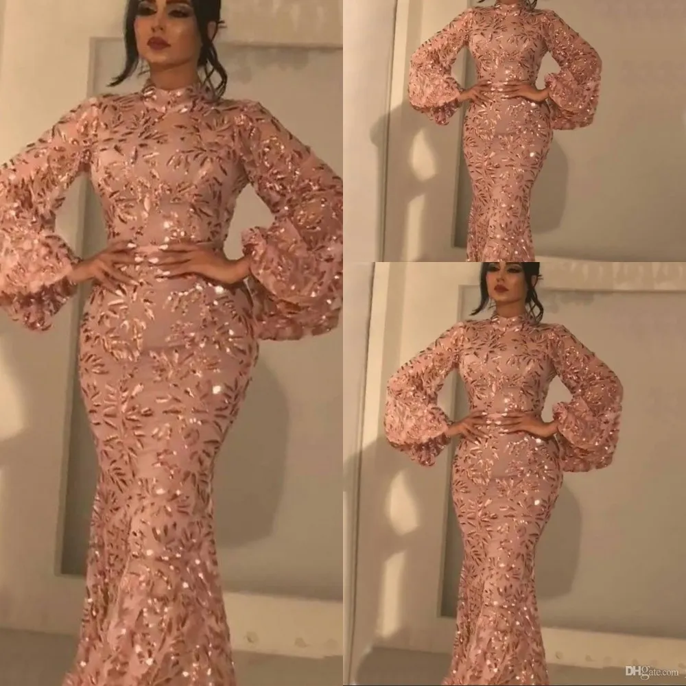 2023 Sparkly lovertjes prom -jurken High Neck Rose Gold Parken Lange mouwen Vloerlengte Mermaid South African Party Formele avondjurken ECHT Afbeelding