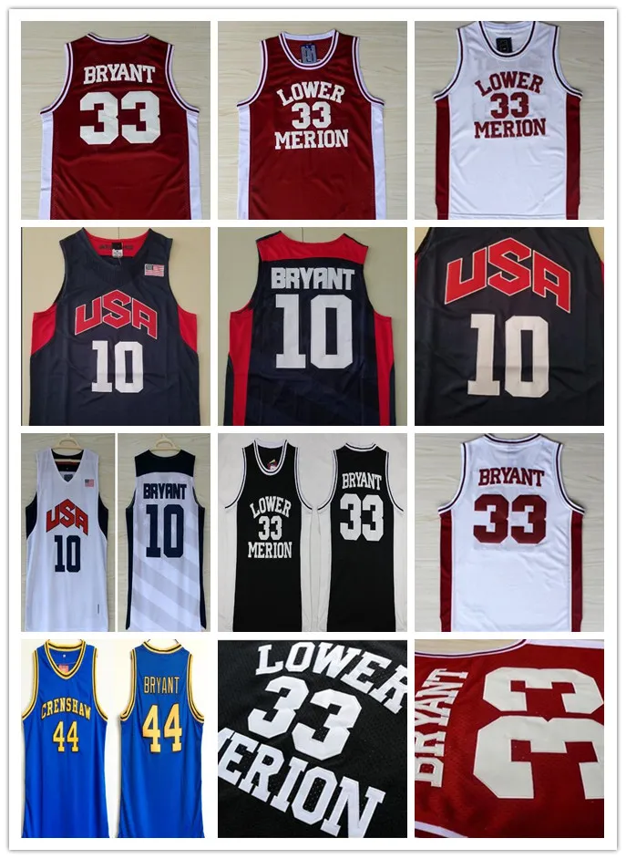 남자 NCAA 2012 팀 USA Lower Merion 33 Bryant Jersey College 고등학교 농구 Hightower Crenshaw 드림 레드 화이트 블루 블랙 자수