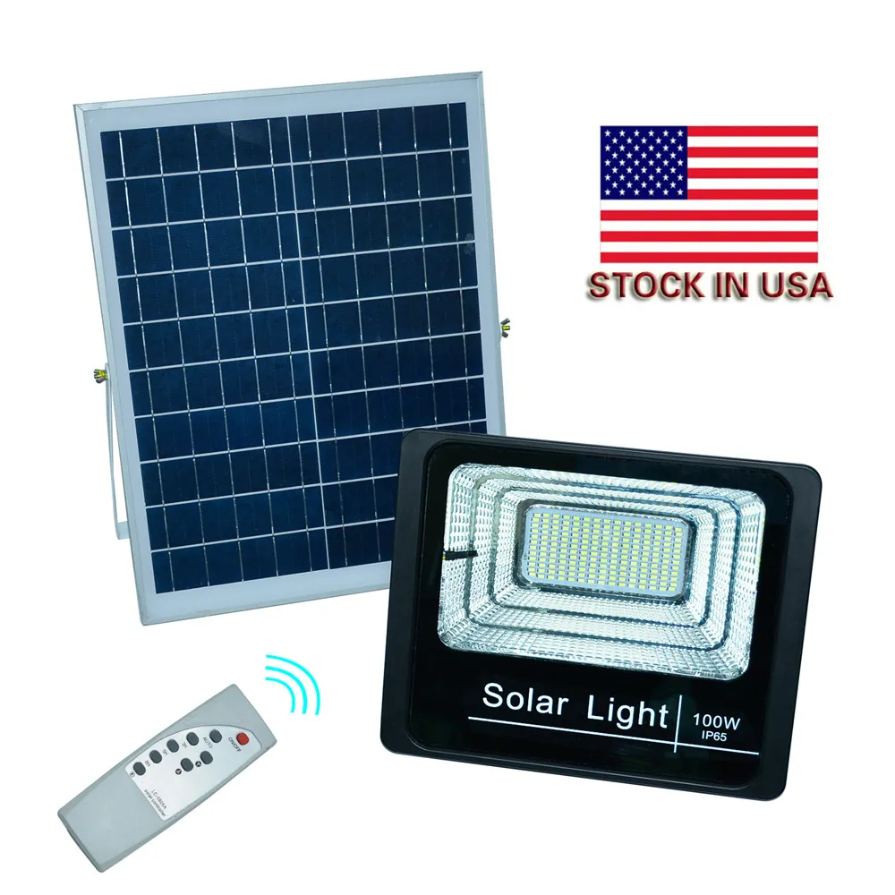 Outdoor Solar LED Flood Lights 100W 50W 30W 70-85LM Lampor Vattentät IP65 Belysning FloodLight Battery Panel Power Remote Contorller USA