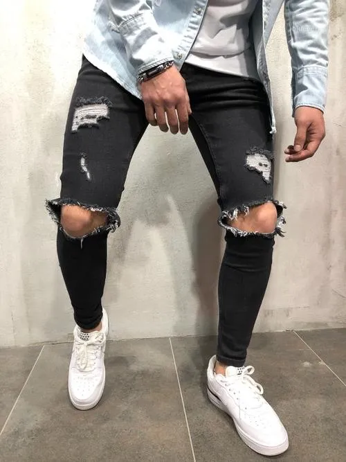 Men's Jeans Fashion Mens Ripped Holes Straight Slim Elastic Fit Jean Black Skinny Male Long Trousers Pants