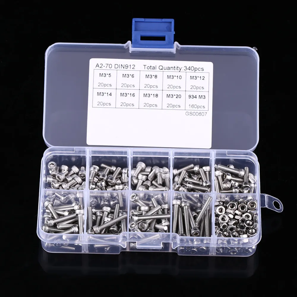 Freeshipping 340 stks / doos hex socket schroeven bouten moer M3 roestvrij staal cap kop schroef set fastener assortiment kit reparatie gereedschap set