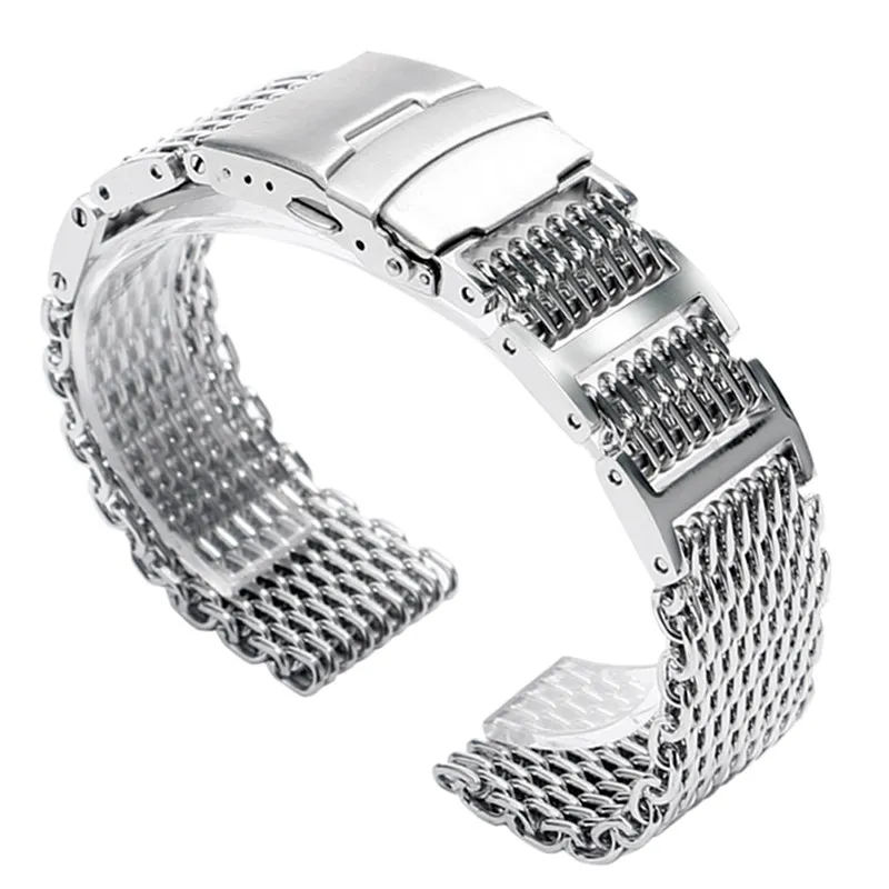 20/22/24 mm Silver/Svart Rostfritt stål Shark Mesh Solid Link Armbandsur Band Ersättningsrem Vikspänne