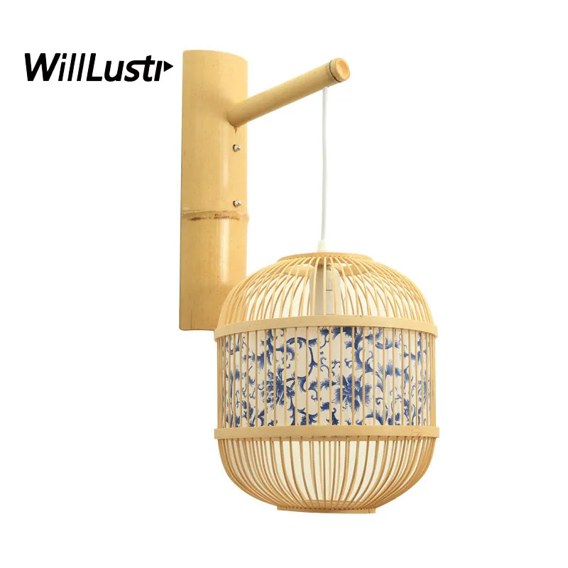 China Style Bamboo Wall Light Vintage Blue And White Porcelain Pattern Aisle Staircase Doorway Corridor Creative Handmade Sconce