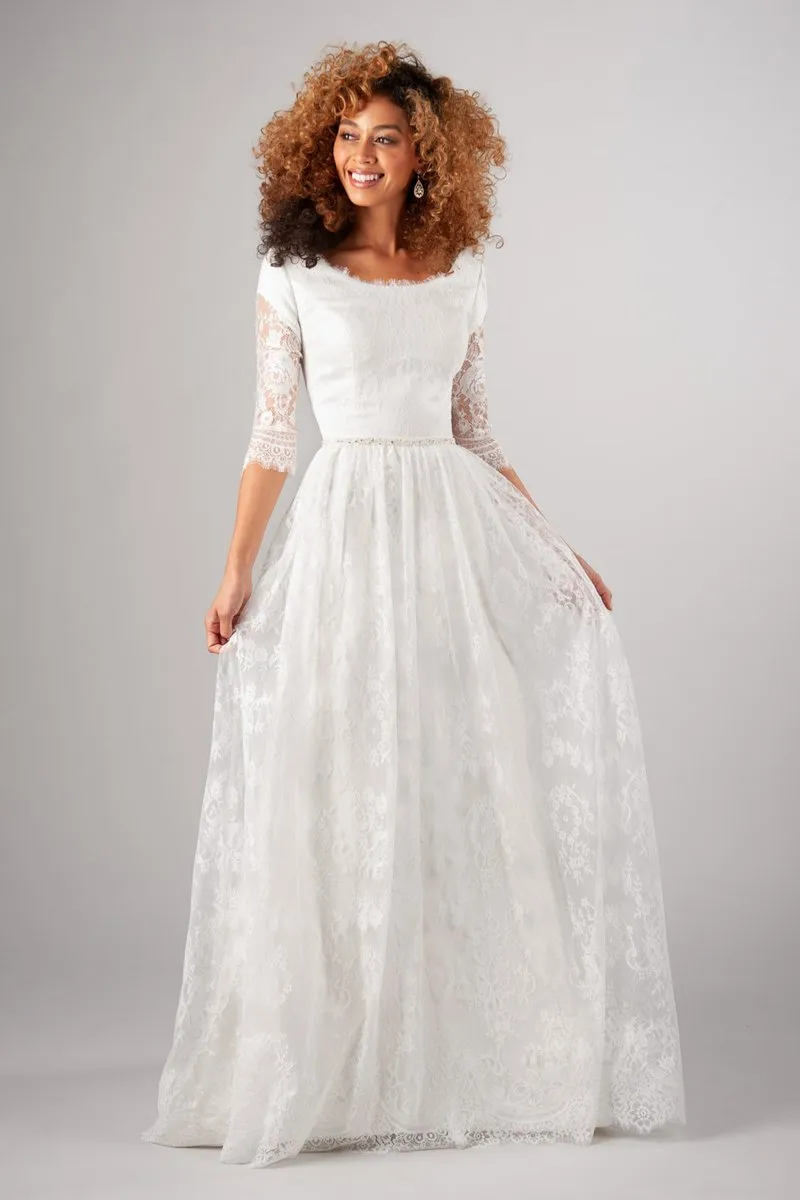 2019 New Vintage A-ligne Dentelle Robe De Mariée Modeste Avec Manches 3/4 Étage Longueur Pays De Mariage Robe De Mariée Boho Robe De Mariée