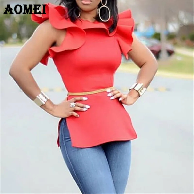 Le donne Red camicette partito camice di usura Top increspature Spalato modo delle signore Slim Tuniche casuale 2019 Classy femminili Primavera Estate parti superiori solide blusa