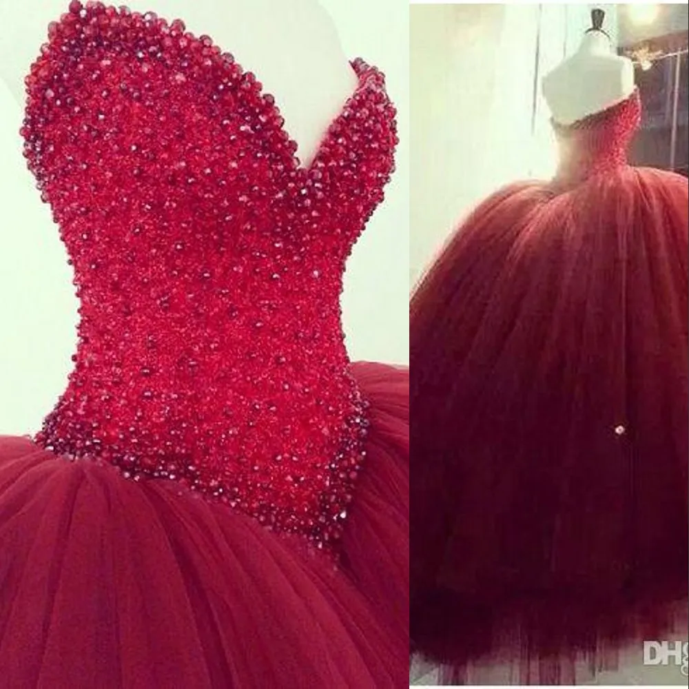 Sexy Dark Red Quinceanera Vestidos Ball Vestido sin mangas CRISTAL CRISIÓN GLITTER BURY LARGO LARGO Longitud 15 Vestido de fiesta Vestidos de fiesta 403