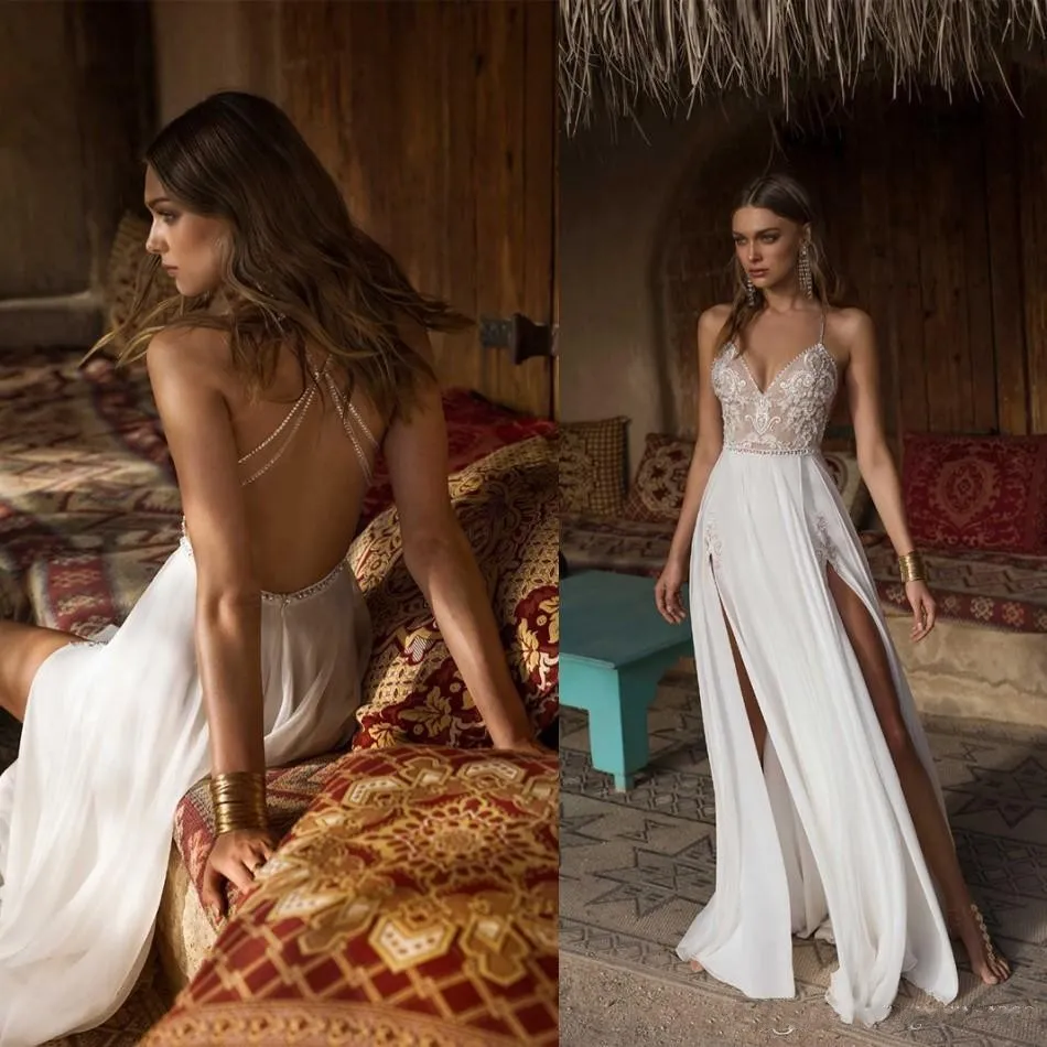 Sexy Berta A-line High Side Split Vestido de novia Cuello en V Apliques de encaje Con cuentas Vestios De Novia Backless Vestidos de novia Vestidos personalizados