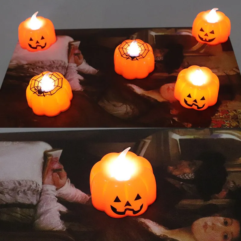 Varm vit pumpa te lampor batteridriven LED Tealight Flicker Flameless Candle Light Party Halloween Dekoration