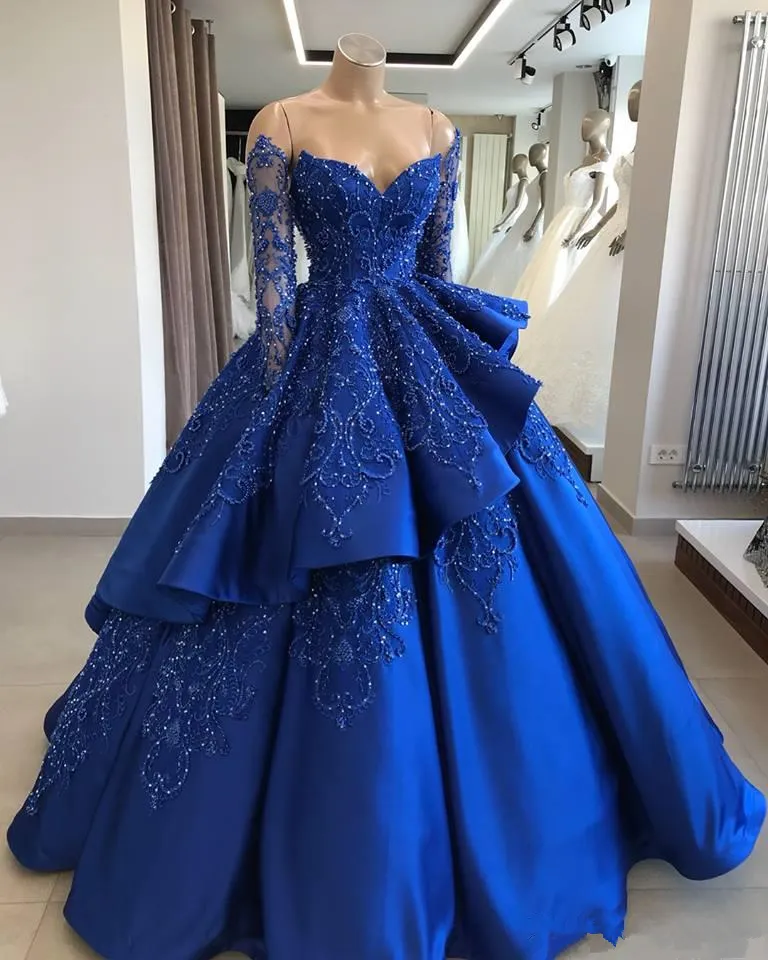 Luxury Royal Blue Prom Dress Illusion Long Sleeve 2019 Off Shoulder Beading Satin Ball Gown Quinceanera Dresses 16 Years Homecoming Wear