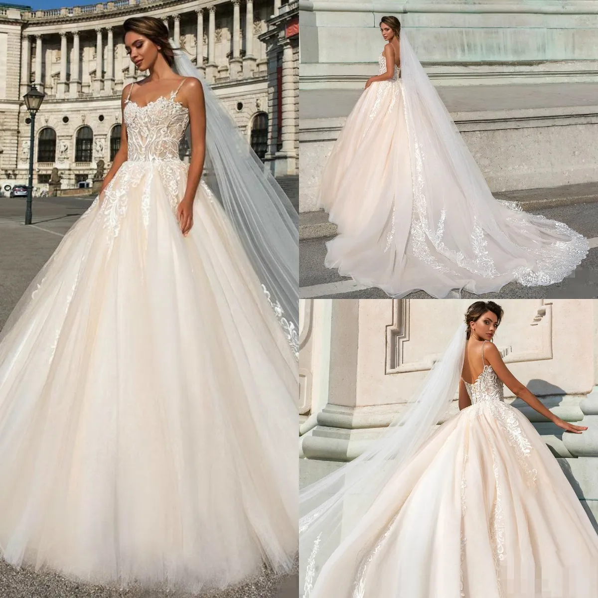 Ivory Spaghetti Strap Ball Gown Wedding Dresses Sweetheart with Lace Appliqued Backless Bridal Gowns Court Train Vestido De Novia