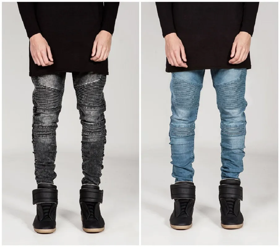 Men's Jeans Stretch Cargo Denim Black Biker Jeans Men Women with Pleated Skinny Hi-Q Classic Men's Pants