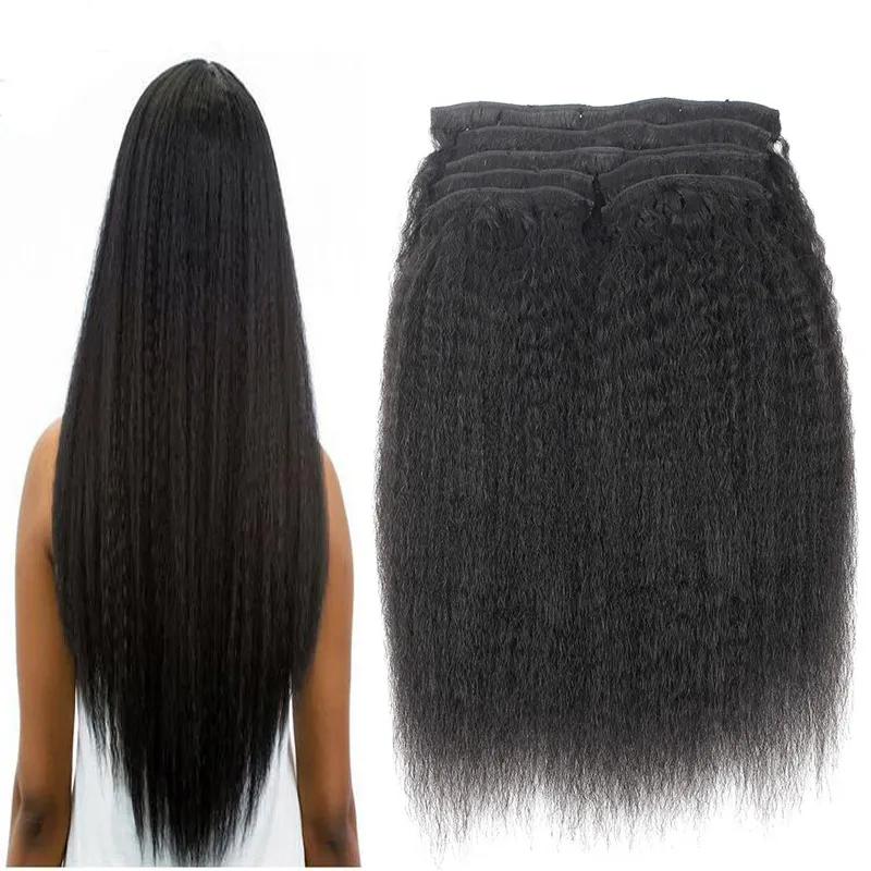 Fábrica Atacado Kinky Em Linha Reta Clipes Em Extensões de Cabelo Humano Brasileiro 8 pçs / set Grosso Yaki Clips Ins Extensões de Cabelo Remy 18 "20" 22 "24