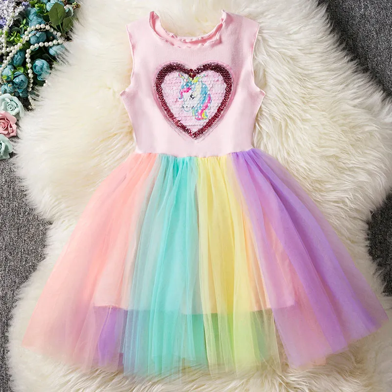 Baby Girls Rainbow Dress Children Unicorn Princess Dresses Kids Cartoon Colorful Bubble Skirt Cosplay Prom Dress Performing Clothes