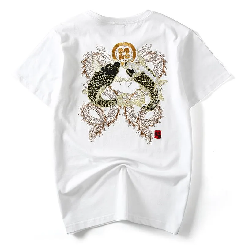 Coton broderie à la main brocart carpe poisson et Dragon hommes t-shirt à manches courtes col rond mâle hauts Plus tendance taille américaine Xs-Xxl