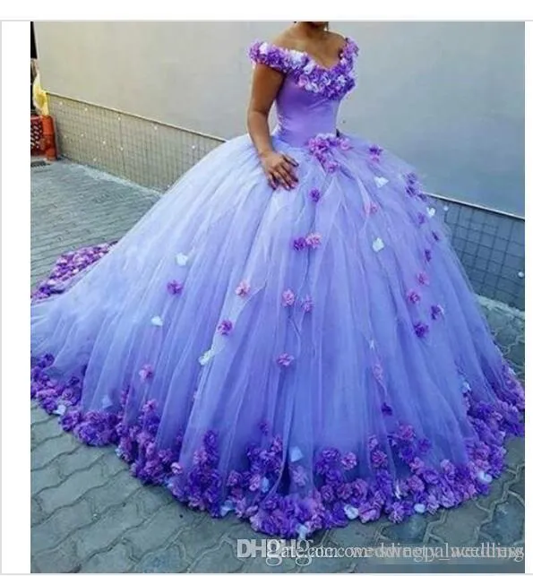 Lavendel orange boll klänning quinceanera klänningar av axel 3d rose blommor puffy tulle söt 16 prom pageant klänning party kappor vestidos