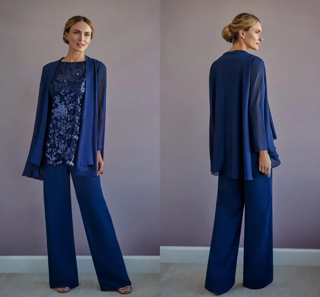 Royal Blue mãe 2 Parte dos vestidos de noiva 2020 Suit Pant noivo Vestidos Wear Lantejoulas Lace Chiffon Jumpsuit Ocasiões especiais Mom