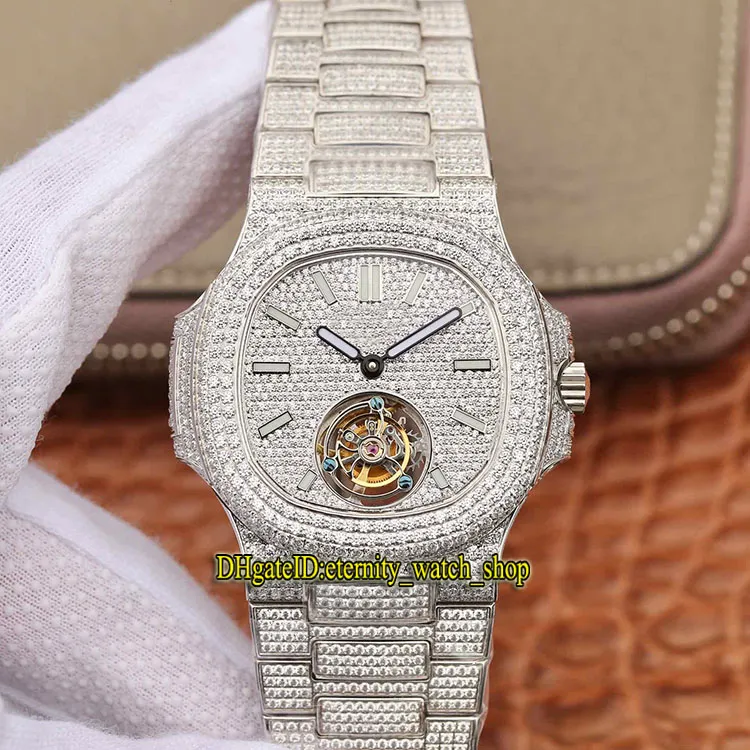 R8 Top Version 5719 / 10G-010 Entièrement pavée de diamants Cadran réel Tourbillon mécanique à remontage manuel 5711 Montres Mens Watch Designer Luxury