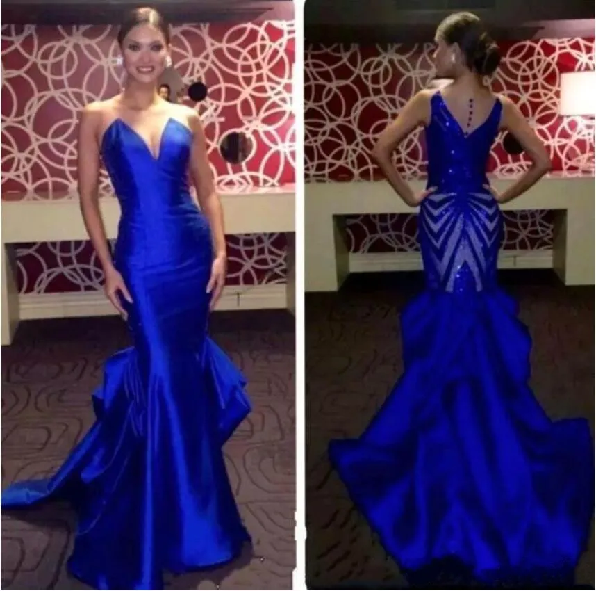 Blue Royal Prom Formal Sexig V Cut Neck Backless Mitted Mermaid Floor Length Elegant Home Party Dresses Anpassade aftonklänningar